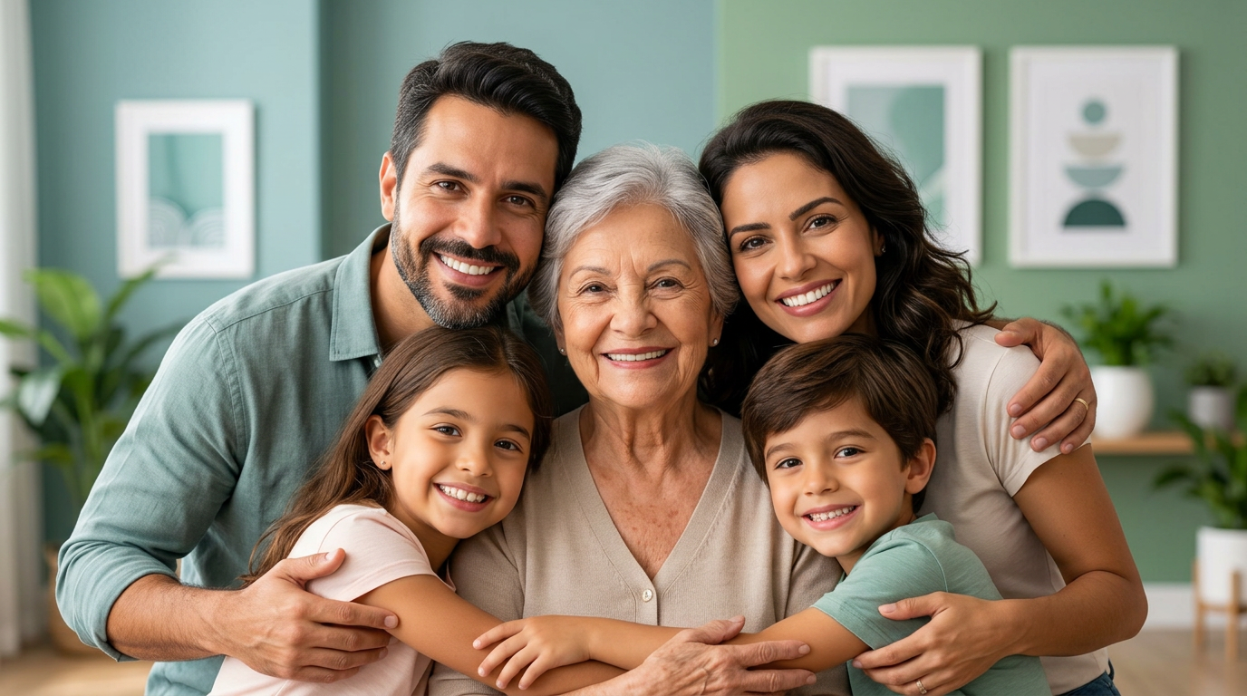 Família multigeracional sorrindo com avó idosa, representando o cuidado com a saúde bucal de todas as idades