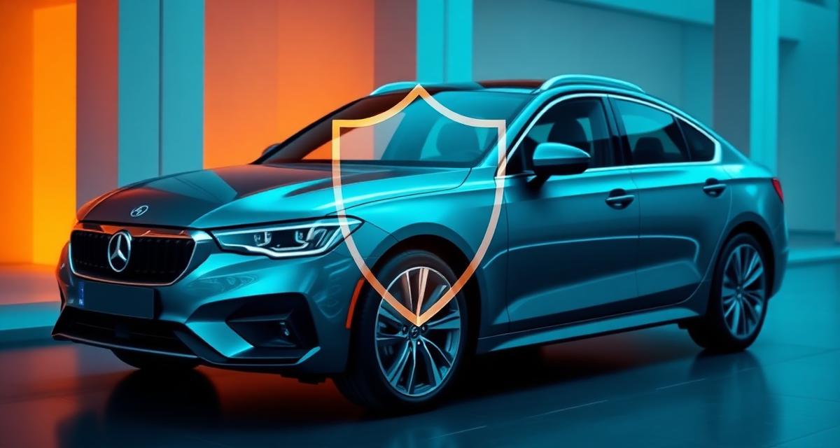 Carro moderno com escudo de proteção representando seguro auto