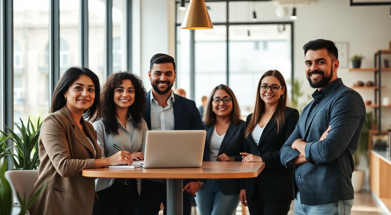 Equipe de empreendedores em escritório moderno protegidos por seguro empresarial